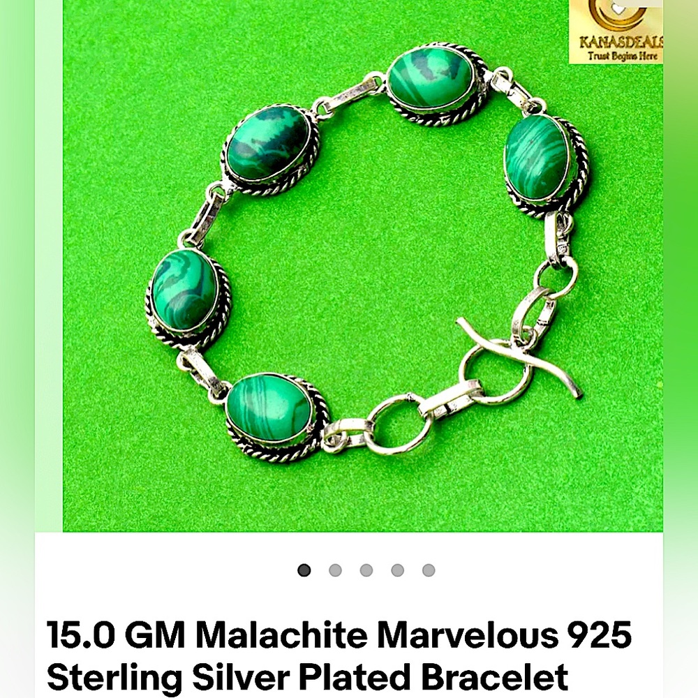Malachite bracelet adjustable sterling silver plated artisan tribal India
